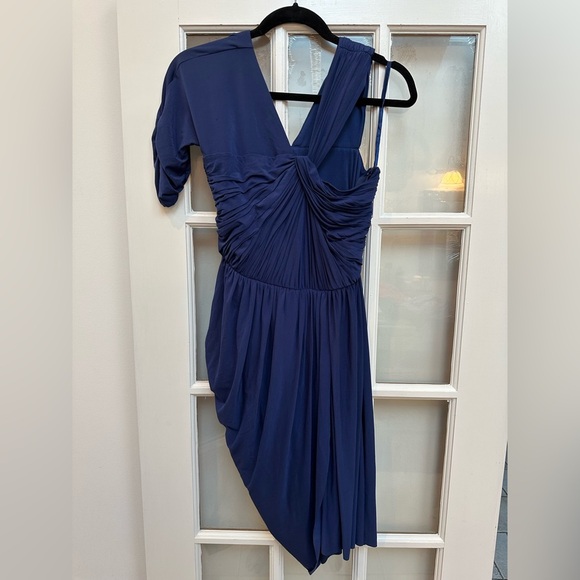 BCBGMaxAzria Christina Ruched Asymmetric Blue Drape Dress Women’s Size Medium M - Picture 4 of 15